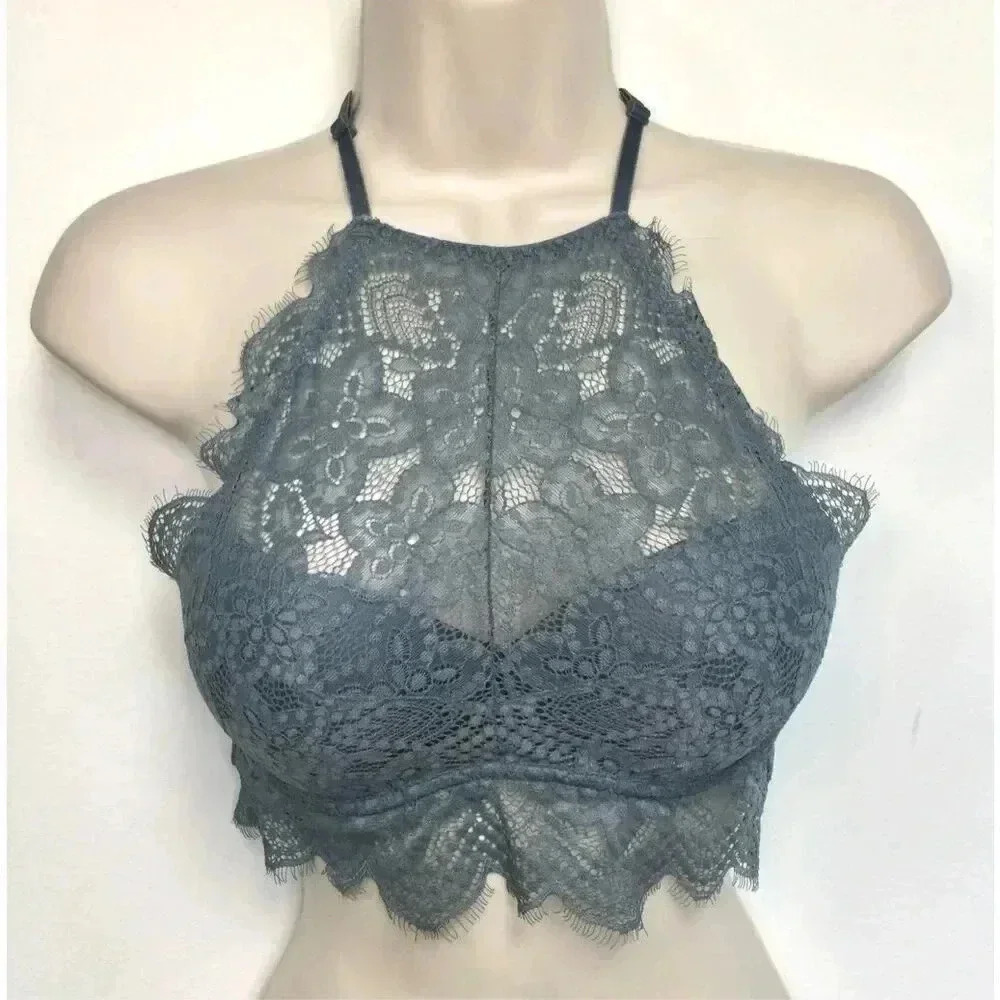 Pink by Victoria’s Secret Womens Gray Pink‎ Lace Halter Padded Push-Up Bra Small